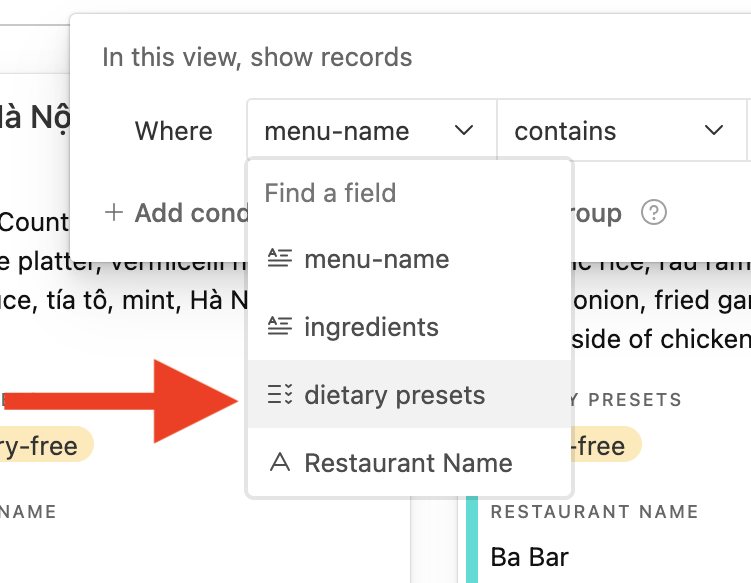 Cropped screenshot of the 'Lettuce Eat' filtering platform, with the search filter dialogue open, with a dropdown of all the filtering options and a red arrow pointing to the option that says 'Dietary Presets'.